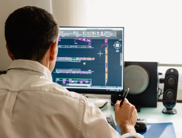 Architect drawing with cad software designing building